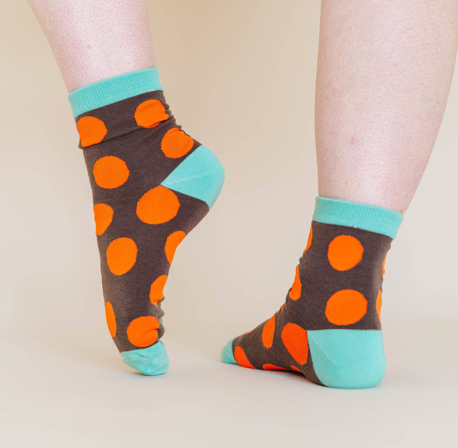 Women’s Cotton Ankle Socks - Brown Orange Polka Dot