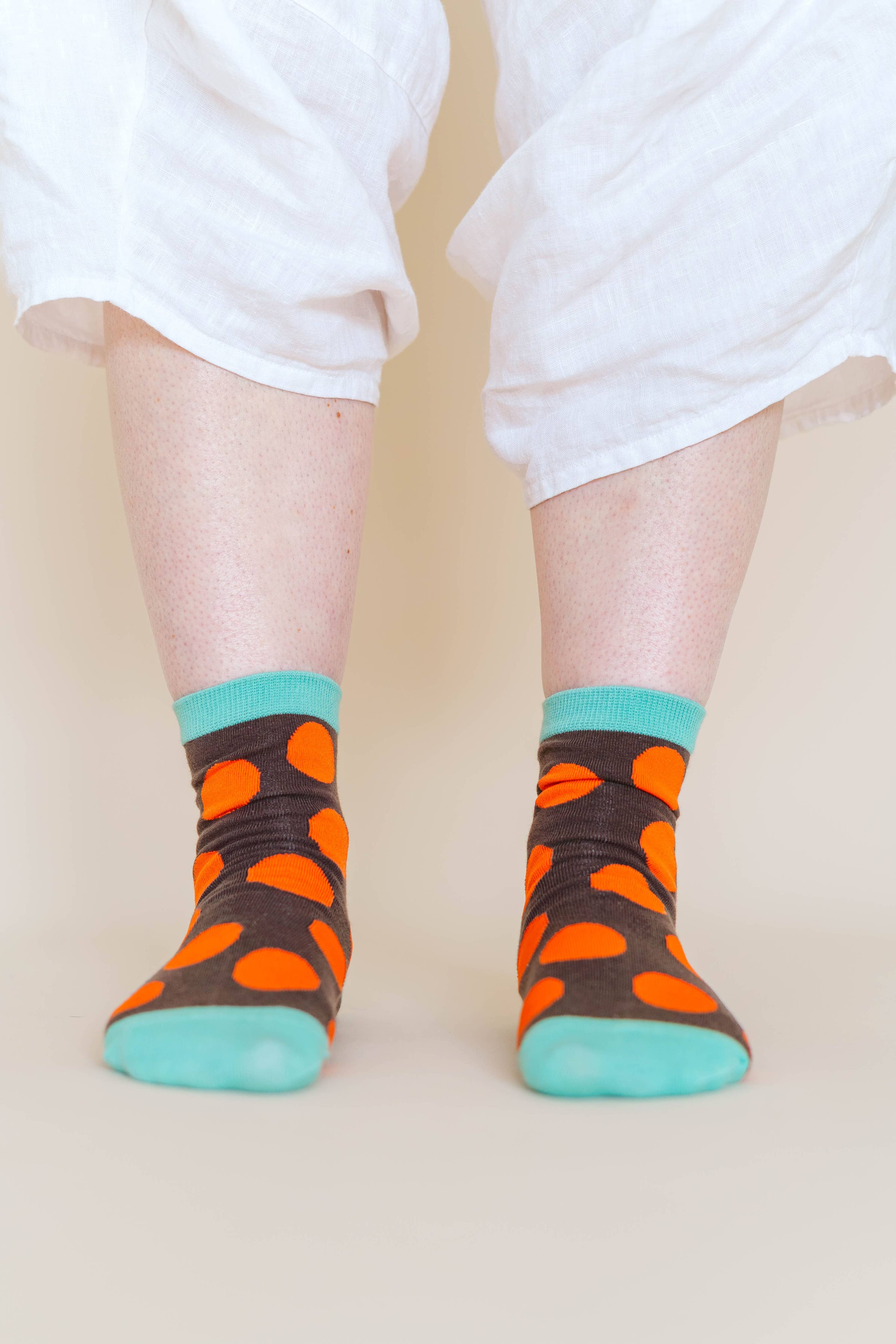 Women’s Cotton Ankle Socks - Brown Orange Polka Dot
