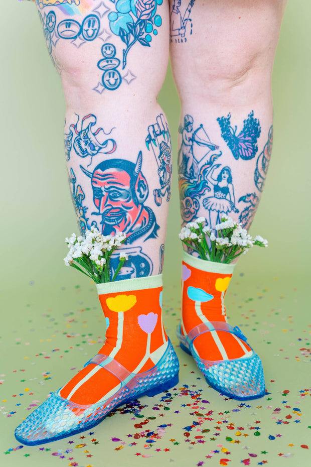 Women’s Cotton Ankle Socks - Orange Tulips
