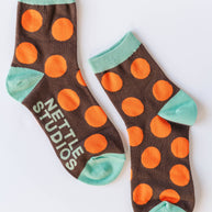 Women’s Cotton Ankle Socks - Brown Orange Polka Dot