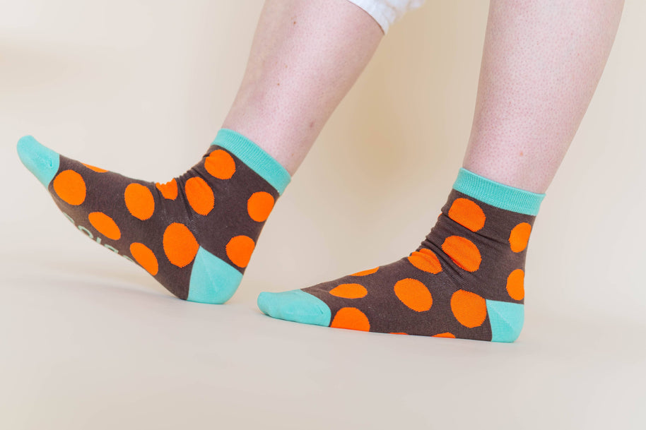 Women’s Cotton Ankle Socks - Brown Orange Polka Dot