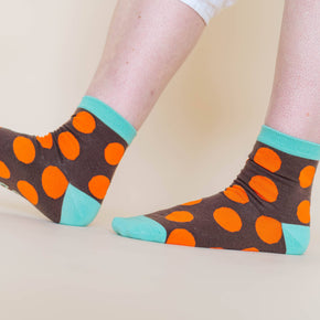 Women’s Cotton Ankle Socks - Brown Orange Polka Dot