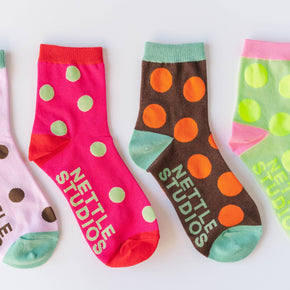 Women’s Cotton Ankle Socks - Brown Orange Polka Dot