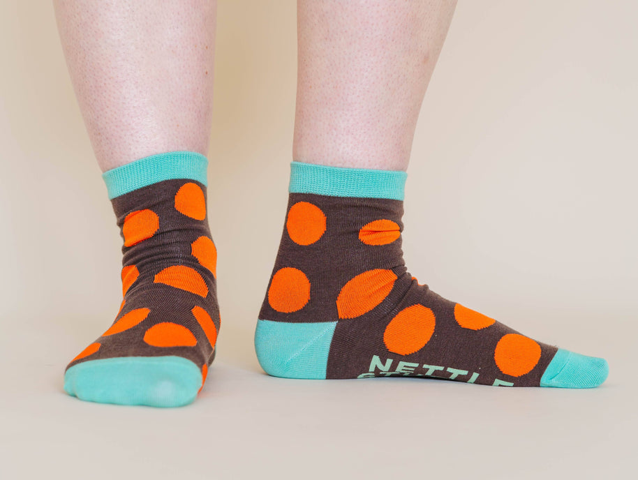 Women’s Cotton Ankle Socks - Brown Orange Polka Dot