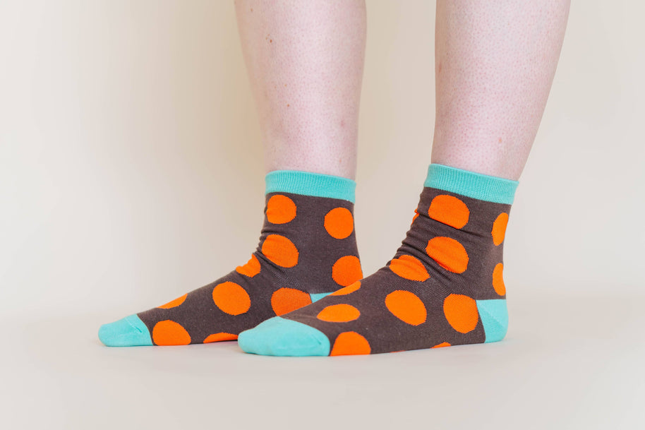Women’s Cotton Ankle Socks - Brown Orange Polka Dot