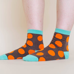 Women’s Cotton Ankle Socks - Brown Orange Polka Dot