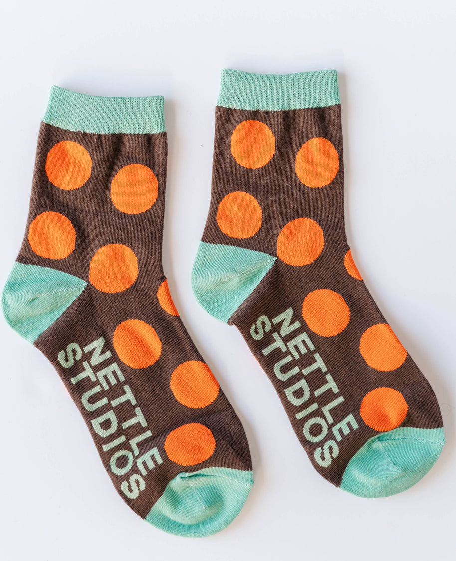 Women’s Cotton Ankle Socks - Brown Orange Polka Dot