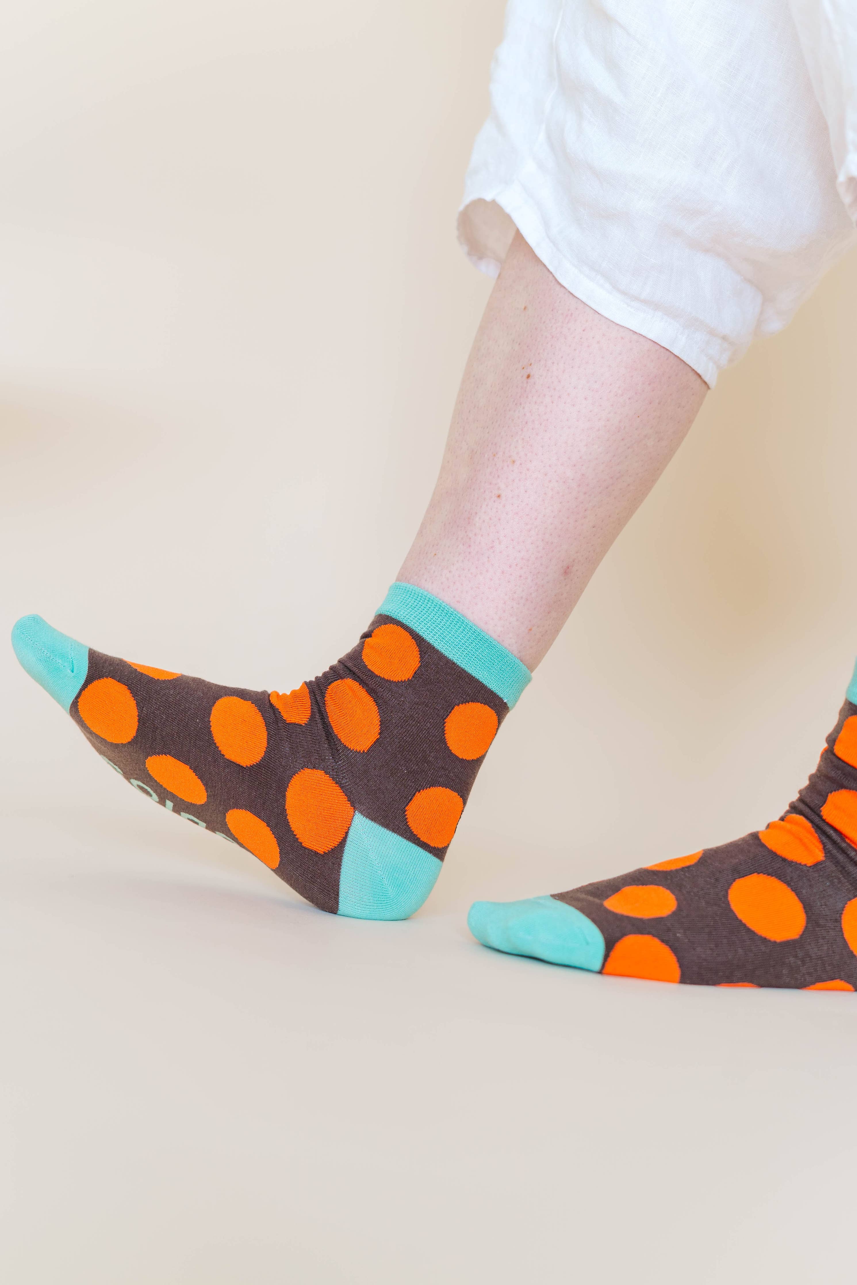 Women’s Cotton Ankle Socks - Brown Orange Polka Dot